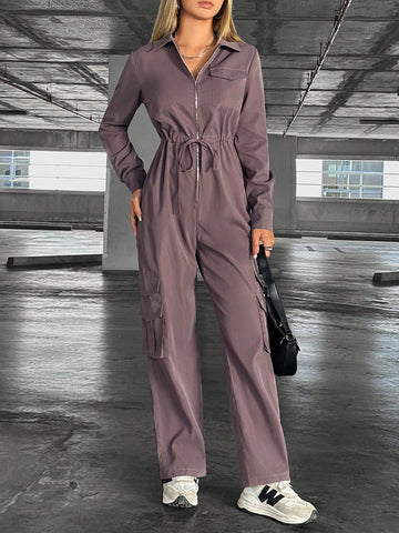 Solid Color Drawstring Waist Workwear Jumpsuit