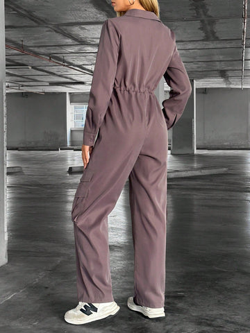 Solid Color Drawstring Waist Workwear Jumpsuit