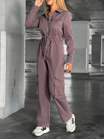 Solid Color Drawstring Waist Workwear Jumpsuit