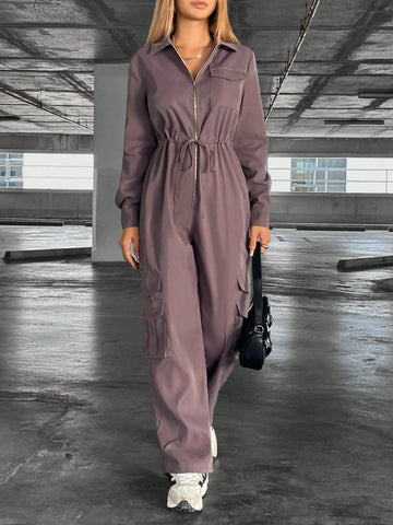 Solid Color Drawstring Waist Workwear Jumpsuit