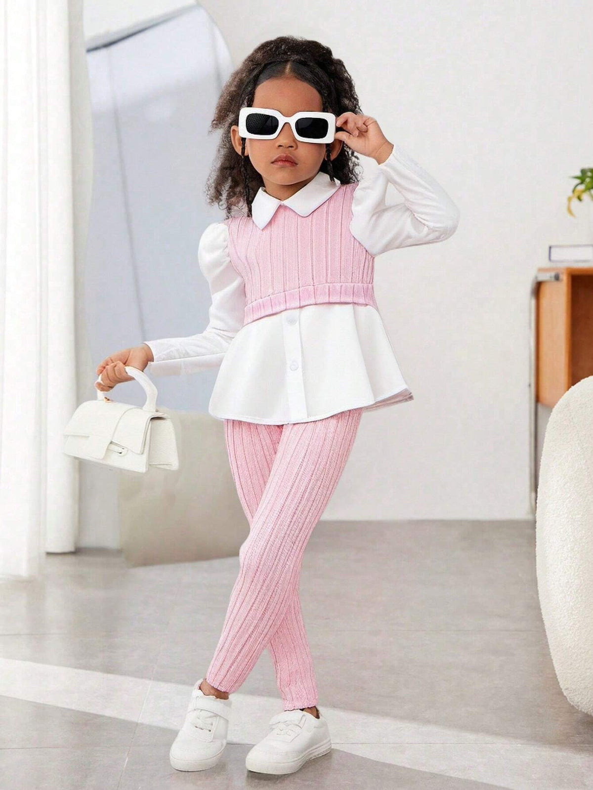 Streecool Kids 2pcs Young Girl Ribbed Colorblock Long Sleeve Top And Pink Long Pants Set