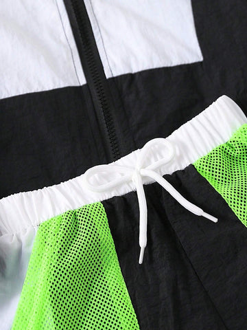 Streecool Kids 2pcs Young Girls Casual Sports All-Match Fashionable Patchwork Hollow Mesh Zipper Hoodie Jacket + Shorts Set, Suitable For Running, Sports, Outdoor, Outing, Party, Parent-Child Activities, Autumn And Summer, Breathable And Comfortable