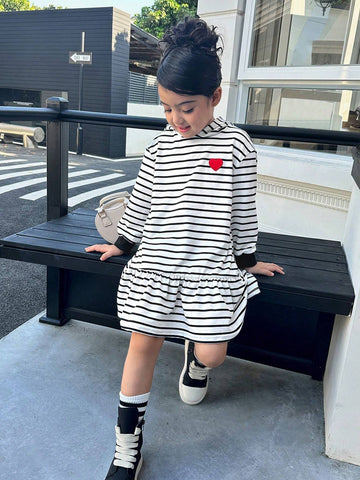 Streecool Kids Classic Black & White Striped Heart Embroidery Crew Neck Low Waist Hem Design Casual Dress