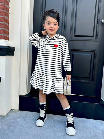 Streecool Kids Classic Black & White Striped Heart Embroidery Crew Neck Low Waist Hem Design Casual Dress