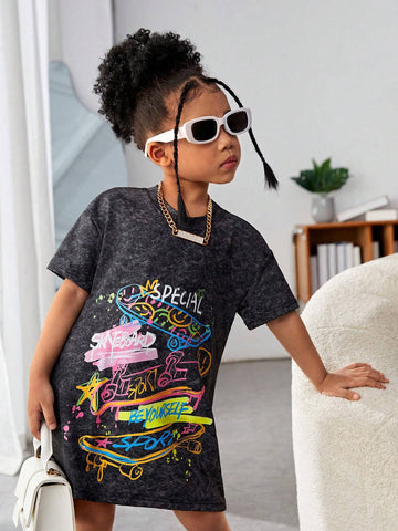 Streecool Kids Girls' Basic Casual Skateboard Printed Sports Short Sleeve T-Shirt Loose Dress