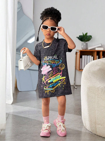 Streecool Kids Girls' Basic Casual Skateboard Printed Sports Short Sleeve T-Shirt Loose Dress