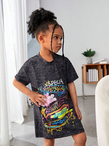 Streecool Kids Girls' Basic Casual Skateboard Printed Sports Short Sleeve T-Shirt Loose Dress