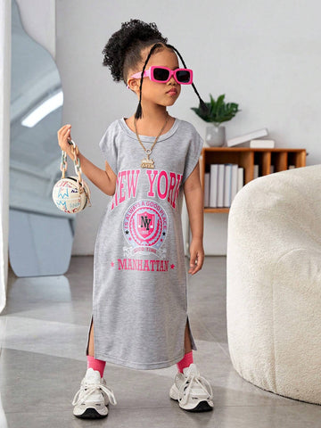 Streecool Kids Girls' Casual All-Match Streetwear Baggy Dress With College Badge Pattern, Wide Straps, Long Sleeves And Side Split Knit Dress