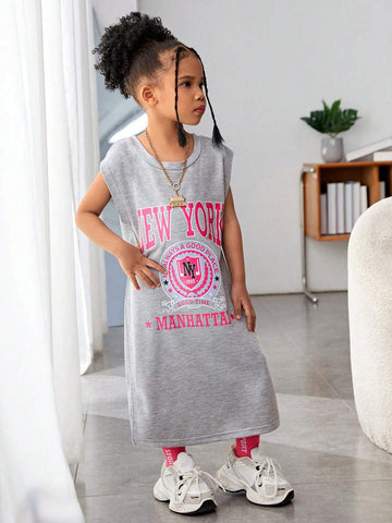 Streecool Kids Girls' Casual All-Match Streetwear Baggy Dress With College Badge Pattern, Wide Straps, Long Sleeves And Side Split Knit Dress