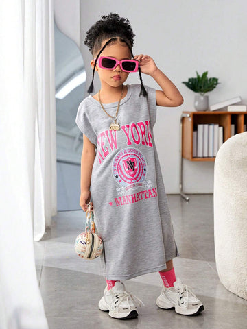 Streecool Kids Girls' Casual All-Match Streetwear Baggy Dress With College Badge Pattern, Wide Straps, Long Sleeves And Side Split Knit Dress