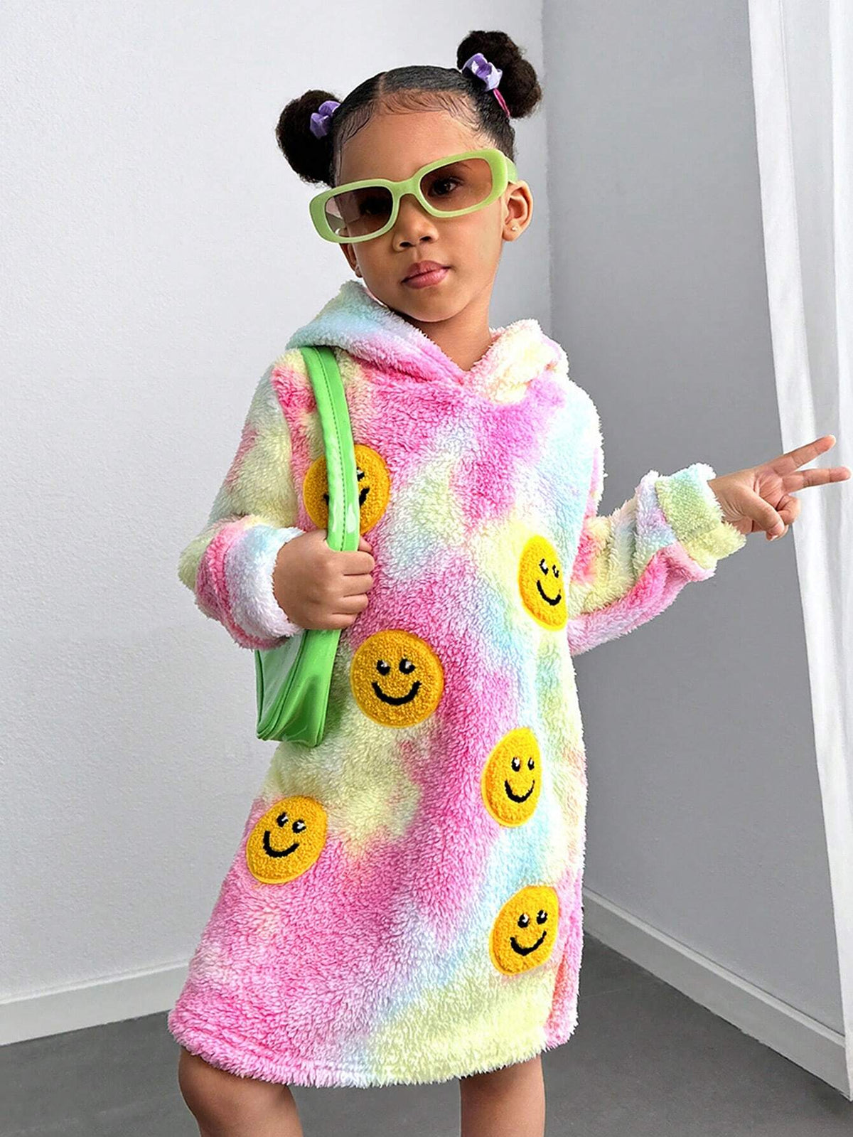 Streecool Kids Girls Casual All-Match Versatile Streetwear Funny 3D Embroidered Smiling Face Tie-Dye Hoodie Dress