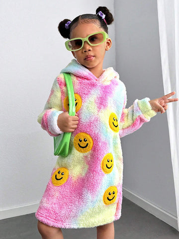 Streecool Kids Girls Casual All-Match Versatile Streetwear Funny 3D Embroidered Smiling Face Tie-Dye Hoodie Dress