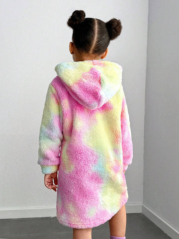 Streecool Kids Girls Casual All-Match Versatile Streetwear Funny 3D Embroidered Smiling Face Tie-Dye Hoodie Dress