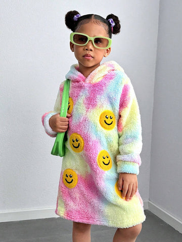 Streecool Kids Girls Casual All-Match Versatile Streetwear Funny 3D Embroidered Smiling Face Tie-Dye Hoodie Dress