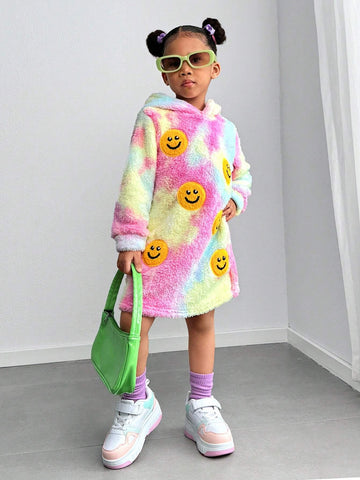 Streecool Kids Girls Casual All-Match Versatile Streetwear Funny 3D Embroidered Smiling Face Tie-Dye Hoodie Dress