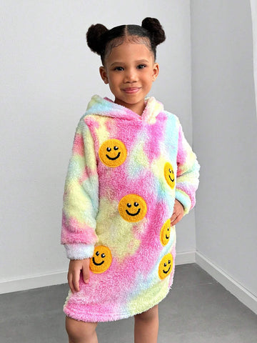 Streecool Kids Girls Casual All-Match Versatile Streetwear Funny 3D Embroidered Smiling Face Tie-Dye Hoodie Dress