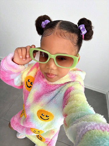 Streecool Kids Girls Casual All-Match Versatile Streetwear Funny 3D Embroidered Smiling Face Tie-Dye Hoodie Dress