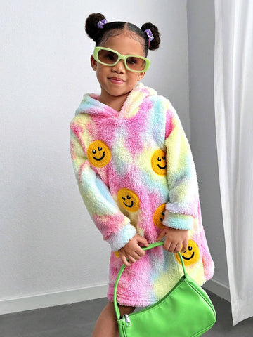 Streecool Kids Girls Casual All-Match Versatile Streetwear Funny 3D Embroidered Smiling Face Tie-Dye Hoodie Dress