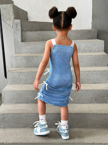 Streecool Kids Girls' Casual American Letter Printed Loose Drop-Shoulder Knitted T-Shirt Dress With Asymmetrical Hem