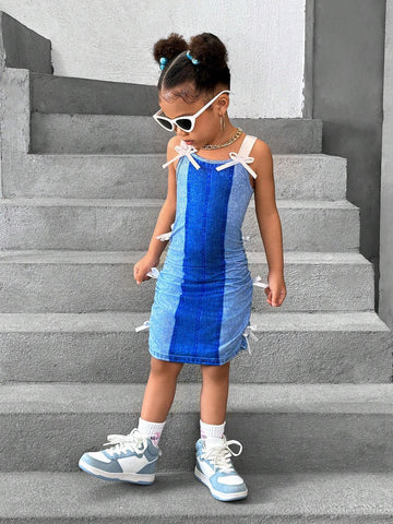 Streecool Kids Girls' Casual American Letter Printed Loose Drop-Shoulder Knitted T-Shirt Dress With Asymmetrical Hem
