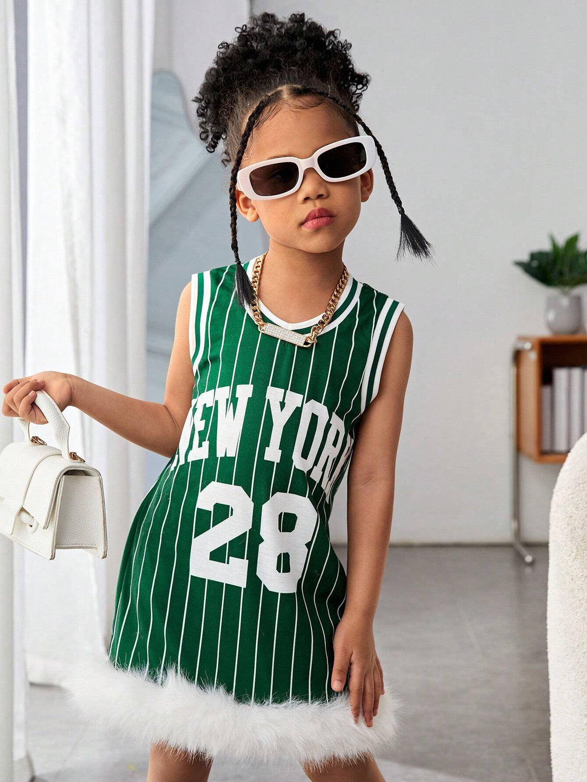 Streecool Kids Girls' Casual Street-Style Asymmetrical Hem Loose-Fit Drop-Shoulder Knit T-Shirt Dress, American Letter Pattern