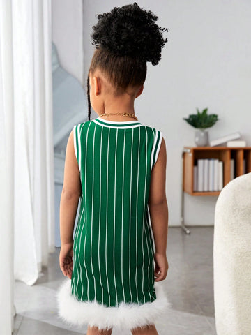 Streecool Kids Girls' Casual Street-Style Asymmetrical Hem Loose-Fit Drop-Shoulder Knit T-Shirt Dress, American Letter Pattern