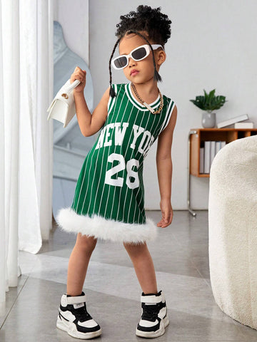 Streecool Kids Girls' Casual Street-Style Asymmetrical Hem Loose-Fit Drop-Shoulder Knit T-Shirt Dress, American Letter Pattern