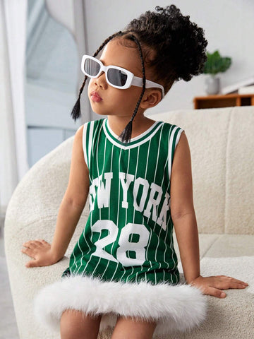 Streecool Kids Girls' Casual Street-Style Asymmetrical Hem Loose-Fit Drop-Shoulder Knit T-Shirt Dress, American Letter Pattern
