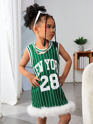 Streecool Kids Girls' Casual Street-Style Asymmetrical Hem Loose-Fit Drop-Shoulder Knit T-Shirt Dress, American Letter Pattern