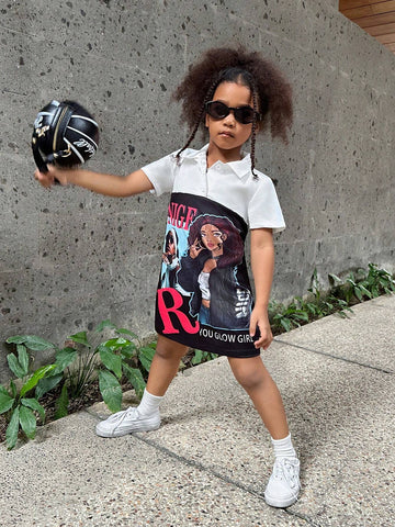 Streecool Kids Girls' Cool Black And White Spliced Shirt Collar Printed Dress For Little Girls