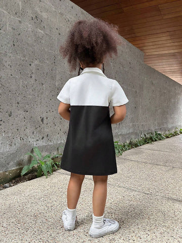 Streecool Kids Girls' Cool Black And White Spliced Shirt Collar Printed Dress For Little Girls