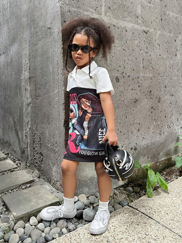 Streecool Kids Girls' Cool Black And White Spliced Shirt Collar Printed Dress For Little Girls