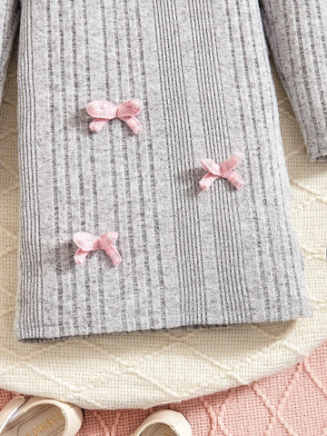 Streecool Kids Girls Elegant Knitted Striped Fitted Dress With 3D Bow Accent, Suitable For Commuting, Parties, Family Gatherings, Celebrations, Birthdays And Performances, Gray