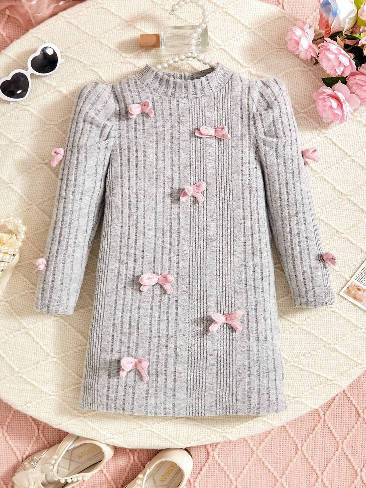 Streecool Kids Girls Elegant Knitted Striped Fitted Dress With 3D Bow Accent, Suitable For Commuting, Parties, Family Gatherings, Celebrations, Birthdays And Performances, Gray