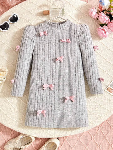 Streecool Kids Girls Elegant Knitted Striped Fitted Dress With 3D Bow Accent, Suitable For Commuting, Parties, Family Gatherings, Celebrations, Birthdays And Performances, Gray