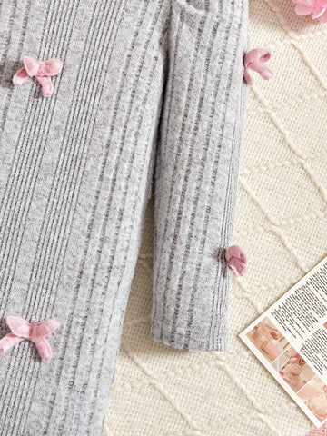 Streecool Kids Girls Elegant Knitted Striped Fitted Dress With 3D Bow Accent, Suitable For Commuting, Parties, Family Gatherings, Celebrations, Birthdays And Performances, Gray