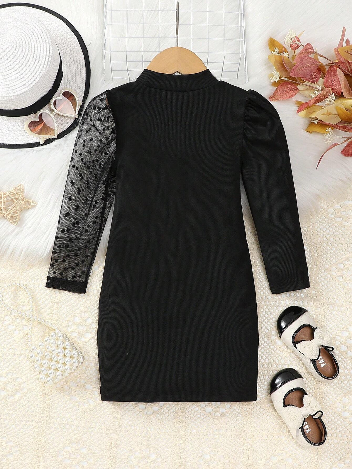 Streecool Kids Girls' Elegant Prom Party Casual Lovely Polka Dot Mesh Asymmetric Sleeve Splice Slim Fitted High Neck Black Dress