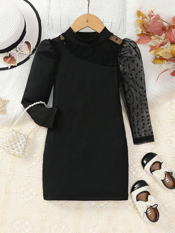 Streecool Kids Girls' Elegant Prom Party Casual Lovely Polka Dot Mesh Asymmetric Sleeve Splice Slim Fitted High Neck Black Dress