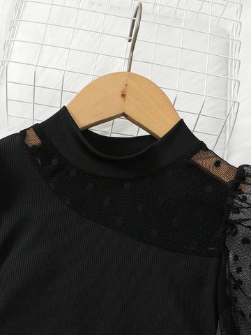 Streecool Kids Girls' Elegant Prom Party Casual Lovely Polka Dot Mesh Asymmetric Sleeve Splice Slim Fitted High Neck Black Dress