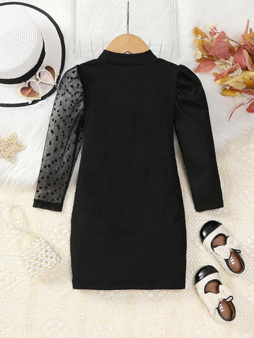 Streecool Kids Girls' Elegant Prom Party Casual Lovely Polka Dot Mesh Asymmetric Sleeve Splice Slim Fitted High Neck Black Dress