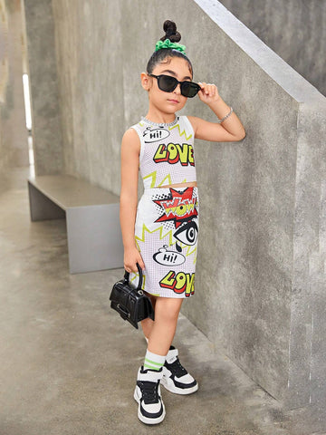 Streecool Kids Girls' Knitted Printed Skirt Set, Trendy & Cool, 2pcs/Set