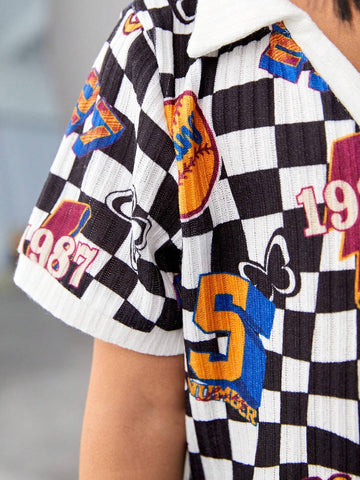 Streecool Kids Girls' Sporty Streetwear T-Shirt Pattern Dress, Featuring A Blend Of Sporty And Black-And-White Checker Elements. Comfortable And Loose-Fitting, Suitable For Daily Wear Or Outdoor Activities