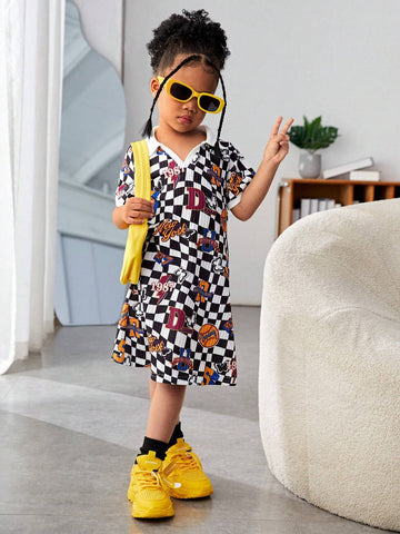 Streecool Kids Girls' Sporty Streetwear T-Shirt Pattern Dress, Featuring A Blend Of Sporty And Black-And-White Checker Elements. Comfortable And Loose-Fitting, Suitable For Daily Wear Or Outdoor Activities