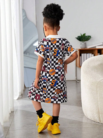 Streecool Kids Girls' Sporty Streetwear T-Shirt Pattern Dress, Featuring A Blend Of Sporty And Black-And-White Checker Elements. Comfortable And Loose-Fitting, Suitable For Daily Wear Or Outdoor Activities