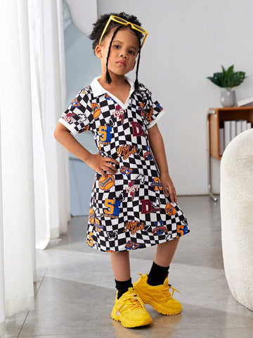 Streecool Kids Girls' Sporty Streetwear T-Shirt Pattern Dress, Featuring A Blend Of Sporty And Black-And-White Checker Elements. Comfortable And Loose-Fitting, Suitable For Daily Wear Or Outdoor Activities