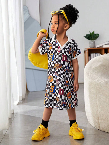 Streecool Kids Girls' Sporty Streetwear T-Shirt Pattern Dress, Featuring A Blend Of Sporty And Black-And-White Checker Elements. Comfortable And Loose-Fitting, Suitable For Daily Wear Or Outdoor Activities