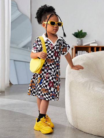 Streecool Kids Girls' Sporty Streetwear T-Shirt Pattern Dress, Featuring A Blend Of Sporty And Black-And-White Checker Elements. Comfortable And Loose-Fitting, Suitable For Daily Wear Or Outdoor Activities