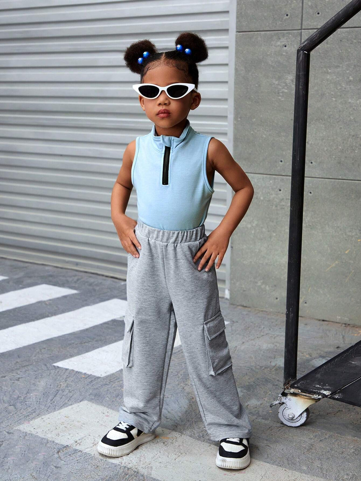 Streecool Kids Girls' Stand Collar Sleeveless Top With Half Zipper + Casual Sports Pants With Big Pockets, 2pcs/Set