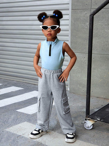 Streecool Kids Girls' Stand Collar Sleeveless Top With Half Zipper + Casual Sports Pants With Big Pockets, 2pcs/Set