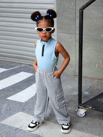 Streecool Kids Girls' Stand Collar Sleeveless Top With Half Zipper + Casual Sports Pants With Big Pockets, 2pcs/Set